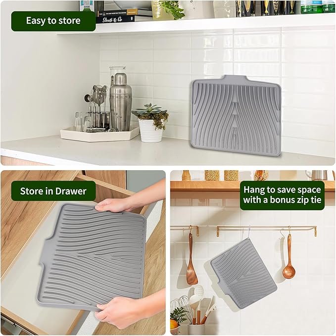 Silicone Dish Drying Mat 16x13,Food-Grade Silicone,Easy Clean Pad for Countertop Protection,Heat Resistant,Easy Clean,Non-Slip Drain Pad with Built-in Drain,Multi-Functional Use,Grey - Image 5