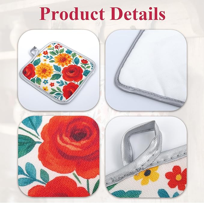 Floral Oven Mitts and Pot Holders Sets 2 Pcs, Canvas Heat Resistant Kitchen Mittens with Hot Pads, Vintage Farmhouse Country Decor, Non-Slip Cooking Baking Grilling Gifts for Women Mom (Flower1)
