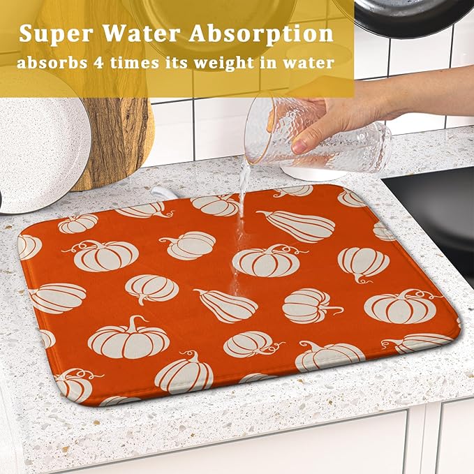 Fall Dish Drying Mat for Kitchen Counter Autumn White Pumpkins Festival Microfiber Absorbent Dish Draining Reusable Washable Foldable 16"x18" - Image 7