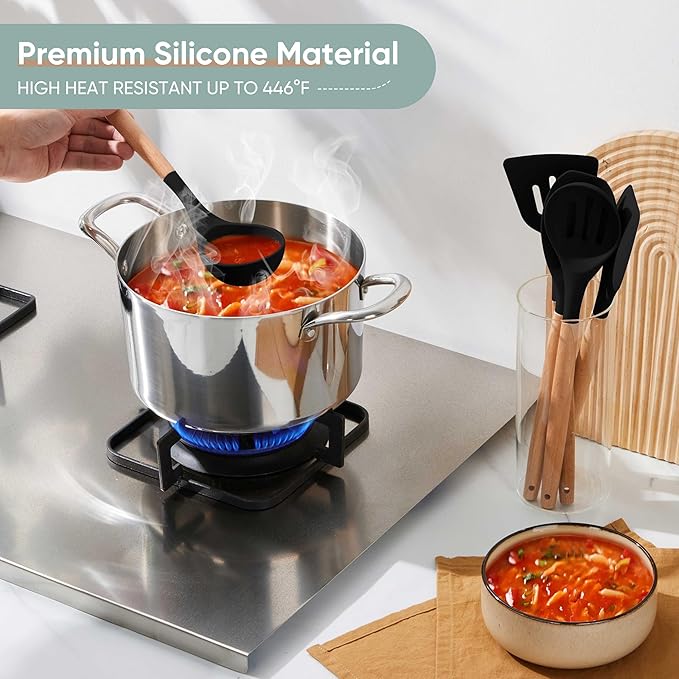 Herogo 5-Piece Cooking Utensils Set, Silicone Kitchen Utensils Set with Wooden Handle, Heat Resistant Cooking Tools Slotted Turner, Spoon, Soup Ladle, Spatula, Spoonula for Nonstick Cookware, Black - Image 7