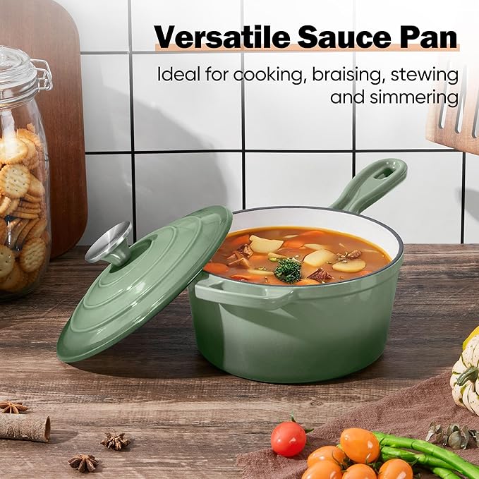 Homikit 2 Quart Saucepan with Lid, Enameled Cast Iron Small Sauce Pan Cooking Pot for Soup, Milk, Pasta, Nonstick Enamel Dutch Oven for All Cooktops, Heat Resistant Up to 500°F, Sage Green