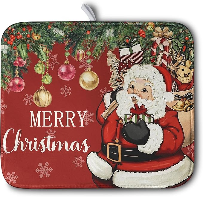 Merry Christmas Dish Drying Mat Santa Claus Kitchen Drainer Mats Microfiber Absorbent Winter Xmas Holiday Dishes Pad Reusable Dish Rack Mat for Countertop Tableware Decor 16x18 Inch by Kwlegh