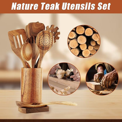 FJNATINH Wooden Spoons for Cooking, 10 Pcs Teak Wooden Cooking Utensil Set with Holder, Wooden Kitchen Utensils Set for Nonstick Pans & Cookware - Image 3