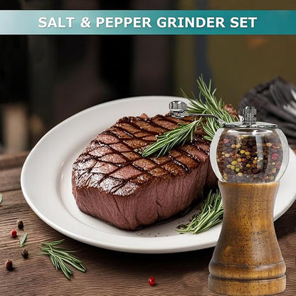 Pepper Grinder Set Classical Hand Shake Wood Manual Pepper Grinder, Setrefillable Wooden & Acrylic grinder,Ceramic Blades metal handle tools, Enjoy Fresh Ground Pepper Salts & spices 2PCS-6IN