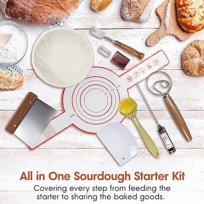 5QT Enameled Cast Iron Dutch Oven for Bread & Multi-Cooking – Complete Sourdough Starter Kit with Lid ,Probe Thermometer, Proofing Basket, Silicone Sling & Gift Packaging Bags,Oven Safe up to 500°F (Orange)