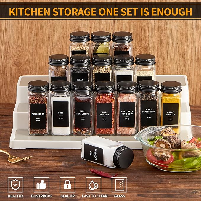 Skiileor 48 Pcs Spice Jars with Label- Glass Spice Jars with Black Metal Caps,Shaker Lids, Funnel, Chalk Pen 4oz Seasoning Containers Bottles for Spice Rack, Cabinet, Drawer - Image 5