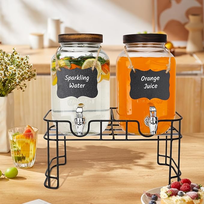 Glass Drink Dispensers For Parties, 2 PACK 1 Gallon Beverage Dispenser With Wooden Lids, Metal Stand And Spigot 100% Leak proof. Lemonade Dispenser With Chalk board - Image 6