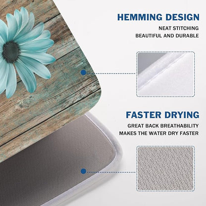 Teal Sunflowers Drying Mat 24x18 Inch, Summer Wooden Board Drying Mat with Absorbent Reversible Microfiber, Rustic Dish Drainer Mats Shabby Chic Floral Rack Pad for Coffee Countertop Kitchen Protector