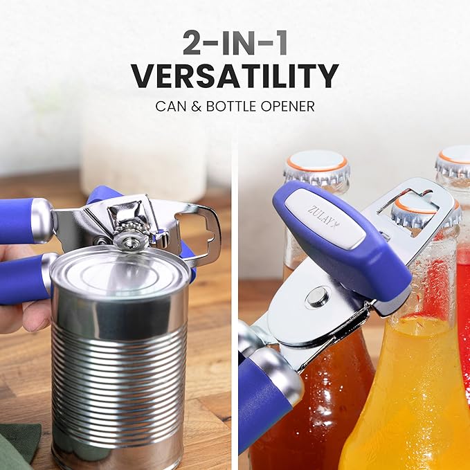 Zulay Kitchen Heavy Duty Stainless Steel Can Opener Manual with Bottle Opener - Rust Proof Manual Can Opener With Turn Knob & Comfy Soft Grip Handles - Purple - Image 7