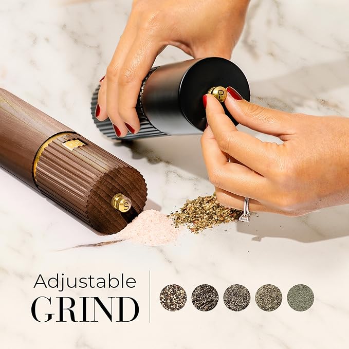 Wooden Salt and Pepper Grinder Set – Refillable Manual Salt and Pepper Mills with Adjustable Ceramic Burrs, Gold Detailing, and Wood Stand – Black and Dark Wood - Image 2