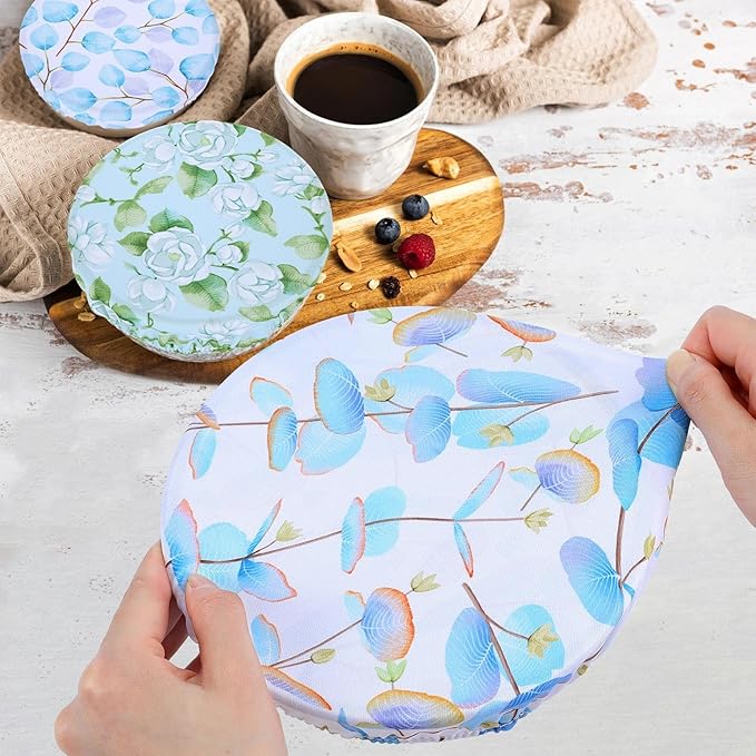 5 Pieces Bowl Covers Reusable, 5 Size Elastic Cloth Bowl Covers for Bread Proofing, Food Covers Washable for Food Fruits Leftover (Eucalyptus Leaves) - Image 4