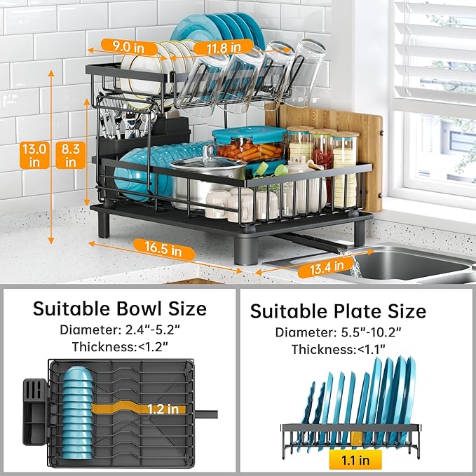 Dish Drying Rack, 2 Tier Dish Racks for Kitchen Counter, Compact Drying Rack Kitchen, Rust-Resistant Dish Drainer, Detachable Space-Saving Dish Rack with Drainboard, Utensil Holder, Black - Image 3