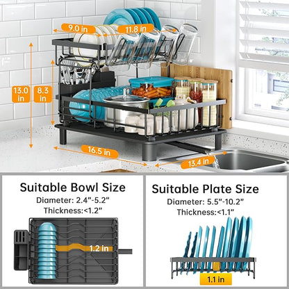 Dish Drying Rack, 2 Tier Dish Racks for Kitchen Counter, Compact Drying Rack Kitchen, Rust-Resistant Dish Drainer, Detachable Space-Saving Dish Rack with Drainboard, Utensil Holder, Black - Image 3