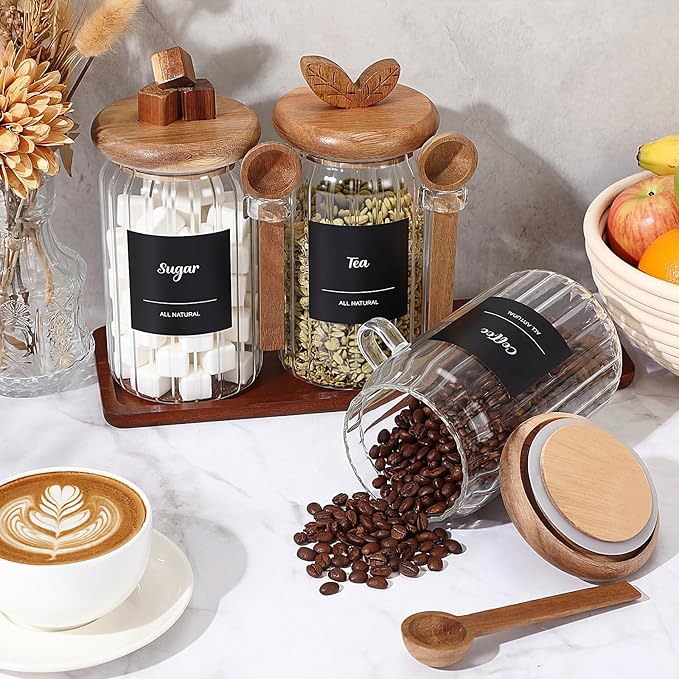 Suclain 3 Pcs Glass Coffee Container with Acacia Wood Lid & Spoon, 25 oz Airtight Glass Jar with Wooden Shelf, Food Storage Containers Coffee Jar Tea Container(Acacia Color) - Image 5