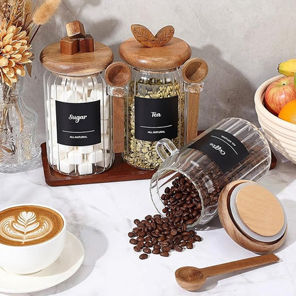 Suclain 3 Pcs Glass Coffee Container with Acacia Wood Lid & Spoon, 25 oz Airtight Glass Jar with Wooden Shelf, Food Storage Containers Coffee Jar Tea Container(Acacia Color) - Image 5