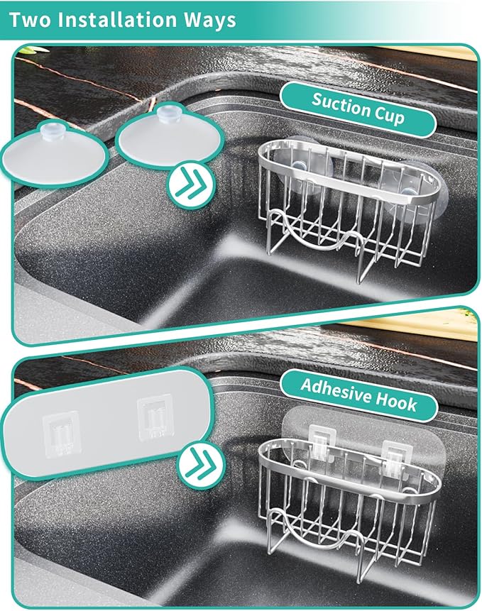 HapiRm Multifunctional Adhesive Kitchen Sink Organizer with M-Shaped, 2 Installation Methods Kitchen Sponge Holder, Rustproof Sponge Caddy for Brush, Sink Stopper and Scraper -Silver - Image 3