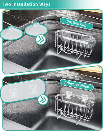 HapiRm Multifunctional Adhesive Kitchen Sink Organizer with M-Shaped, 2 Installation Methods Kitchen Sponge Holder, Rustproof Sponge Caddy for Brush, Sink Stopper and Scraper -Silver - Image 3