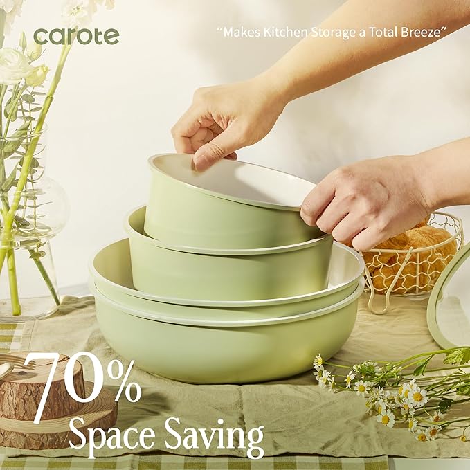 CAROTE 25-Piece Ceramic Cookware Set, Nonstick Pots and Pans Set with Detachable Handle, Non-Toxic Kitchen Cooking Set, Dishwasher & Oven Safe, Induction Compatible, PFAS Free, Green - Image 6