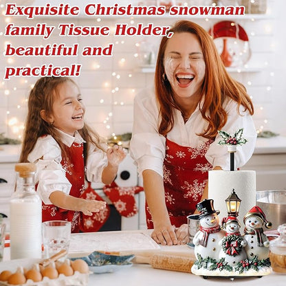 Thyle Winter Snowman Paper Towel Holder with Round Base Winter Bathroom Decor Rustic Snowman Family Dispenser Kitchen Paper Holder Stand for Christmas Xmas Countertop Toilet Home Accessories