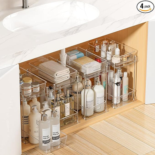 Vtopmart 4 Pack Higher Bathroom Organizer, 2 Tier White Under Sink Organizers Vanity Countertop Storage Container,Cabinet Drawers Bins, Pull-Out Organization with Track for Pantry, Kitchen by Vtopmart