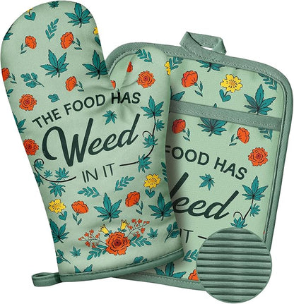 Slohif Funny Oven Mitts and Pot Holder for Women - Heat Resistant Leaf Cute Novelty Kitchen Oven Mittens 100% Cotton, Non-Slip Silicone Surface Pot Holder for Baking and Cooking Accessories