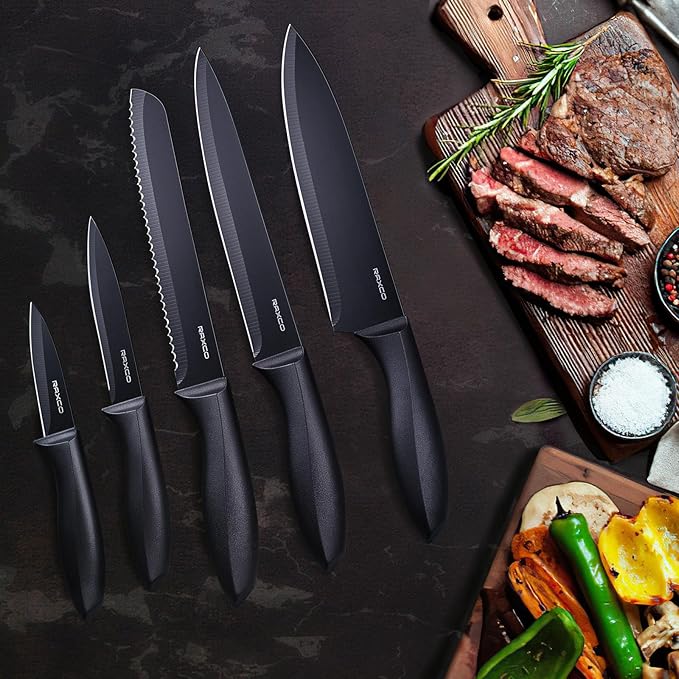 RAXCO Knife Set with Block,10-Piece Kitchen Knives Stainless Steel,Pro-sharpened for Cooking,Slicing,Mincing,Dicing,Black - Image 6