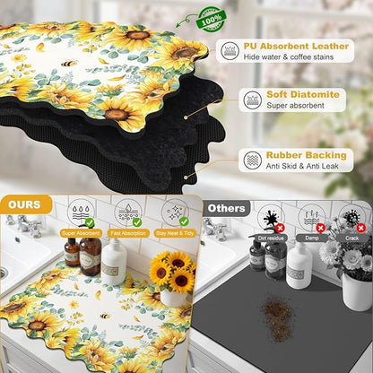 LOKHOM Scalloped Floral Dish Drying Mat, 12"x20" Super Absorbent Coffee Mat with Watercolor Yellow Sunflowers, Cuttable Hide Stain Non-slip Drying Mat for Kitchen Counter Coffee Maker Espresso Machine - Image 6