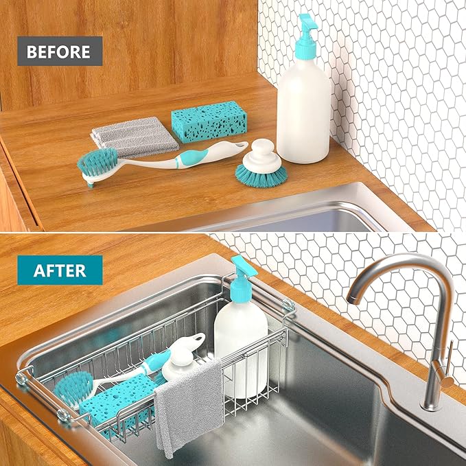 Over The Kitchen Sink Caddy Sponge Holder Organizer Drying Rack Expandable for Sponge Brush Soap Dish Cloth Rag 14.5" to 22", Stainless Steel - Image 7