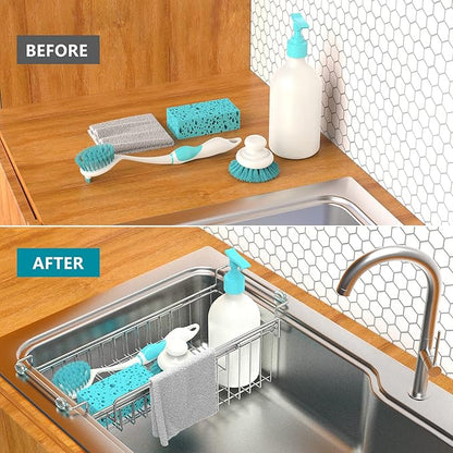 Over The Kitchen Sink Caddy Sponge Holder Organizer Drying Rack Expandable for Sponge Brush Soap Dish Cloth Rag 14.5" to 22", Stainless Steel - Image 7