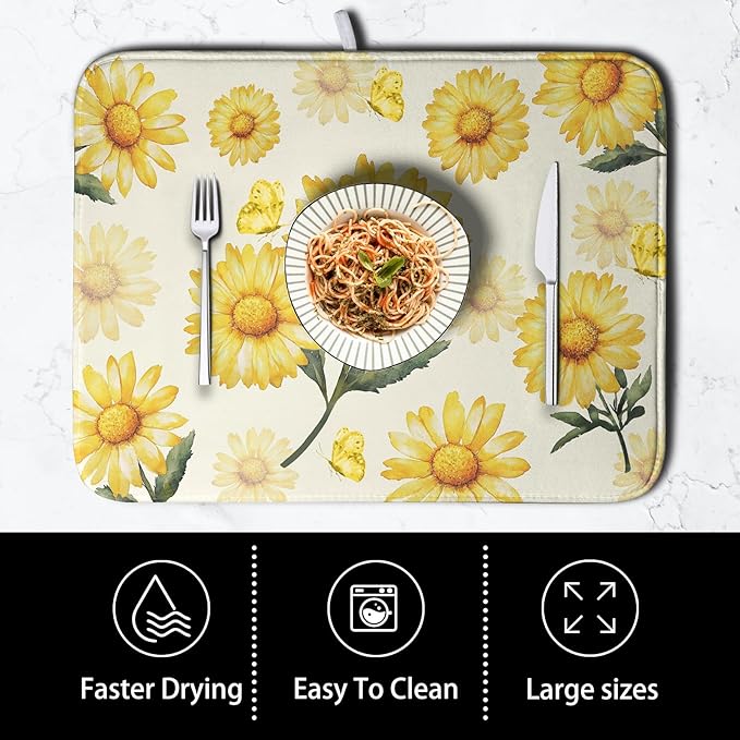 Yellow Sunflower Dish Drying Mat for Kitchen Counter Summer Daisy Floral Dishes Pad Farmhouse Flower Dish Draining Microfiber Absorbent Dish Drainer Rack Mat Large Extra Large 18x24 Inch - Image 4