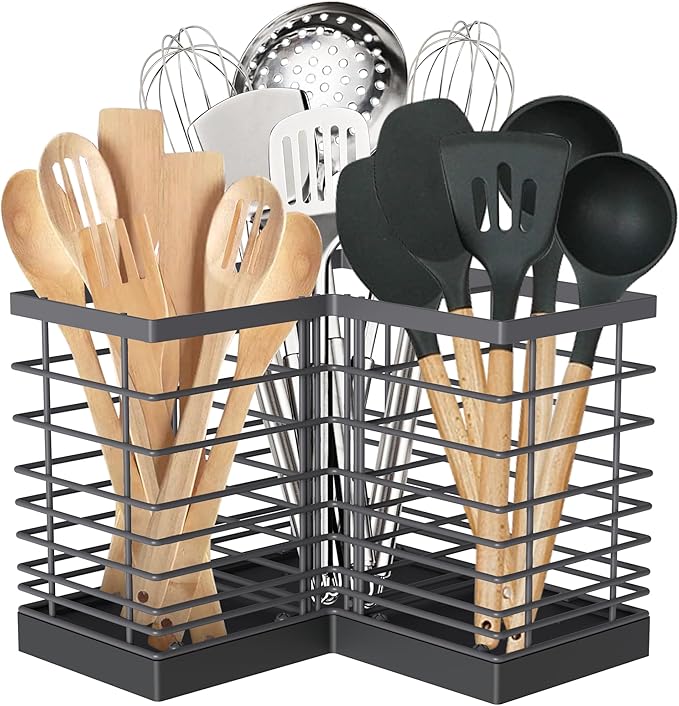 Suli Kitchen Utensil Holder with 3 Compartments，Grey Metal Corner Kitchen Caddy for Countertop，Farmhouse Rustic Cooking Storage-Grey by Suli