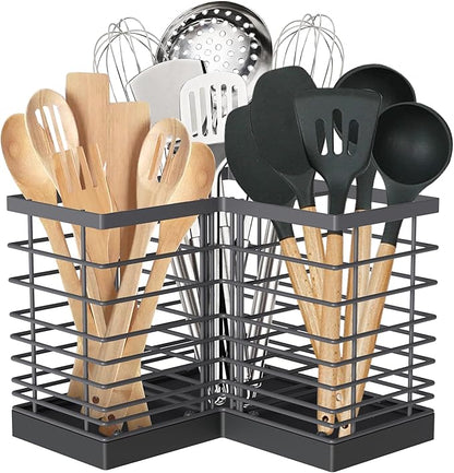 Suli Kitchen Utensil Holder with 3 Compartments，Grey Metal Corner Kitchen Caddy for Countertop，Farmhouse Rustic Cooking Storage-Grey by Suli