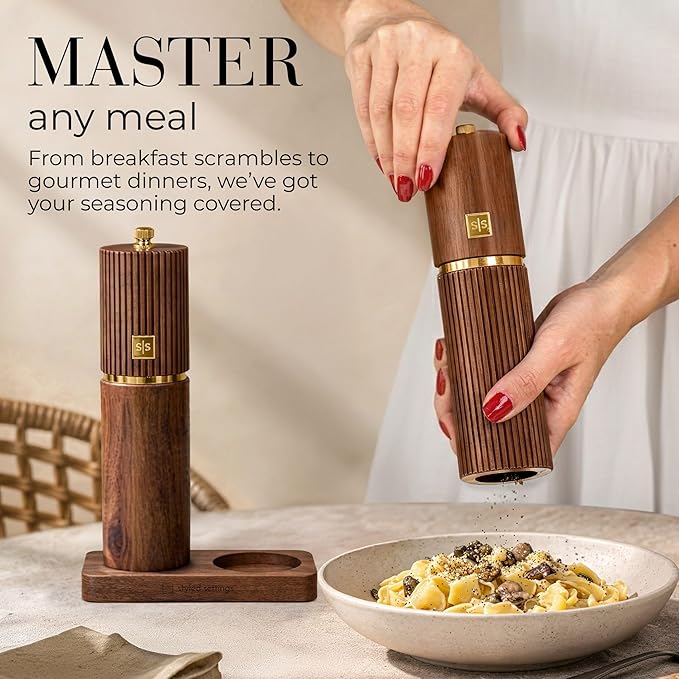 Wooden Salt and Pepper Grinder Set – Refillable Manual Salt and Pepper Mills with Adjustable Ceramic Burrs, Gold Detailing, and Wood Stand – Dark Wood - Image 9