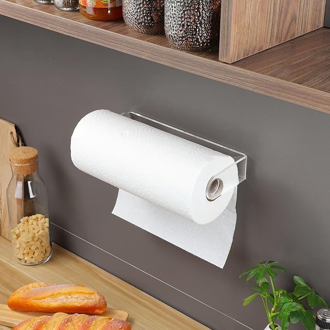 ZUNTO Acrylic Paper Towel Holder - Adhesive Paper Towel Roll Holder Under Cabinet, Clear Plastic Wall Mounted Paper Towel Rack for Kitchen, Frees up Counter Space - Image 5
