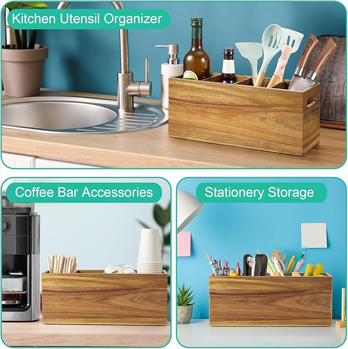 ALELION Acacia Wood Utensil Holder with Removable Divider - 4 Compartment Wooden Utensil Caddy Organizer for Kitchen Counter - Cooking Utensil Crock for Countertop - Image 4