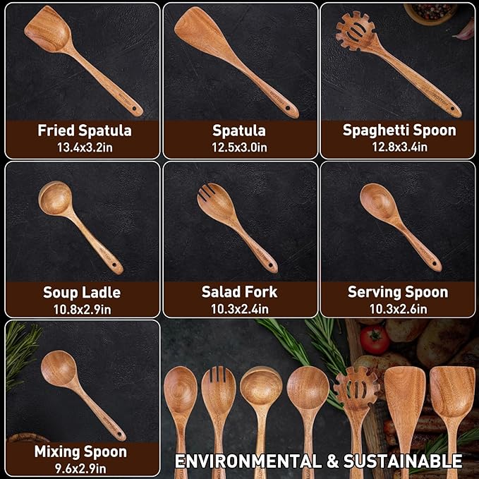 Wooden Utensil Set,WOTTISH 7Pcs Nonstick Wood Spatula,Wooden Kitchen Utensils Set Non Toxic,Wooden Spoons for Cooking（A07） - Image 3
