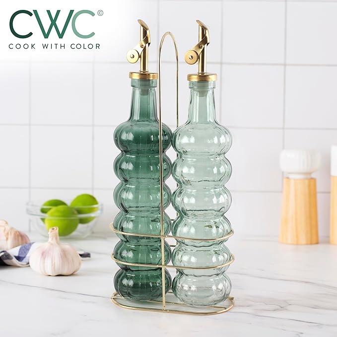 COOK WITH COLOR Glass Olive Oil Bottle Dispenser - 2 Pack- 17oz Oil and Vinegar Cruet - Olive Oil Carafe Decanter for Kitchen, Elegant Waves, Green - Image 6