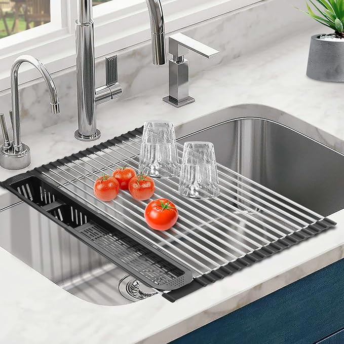 Roll Up Dish Drying Rack,Expandable Over The Sink Dish Drainer,Stainless Steel Kitchen Rolling Sink Rack with Utensil Holder,Length Up to 22.3" (Black, Large)