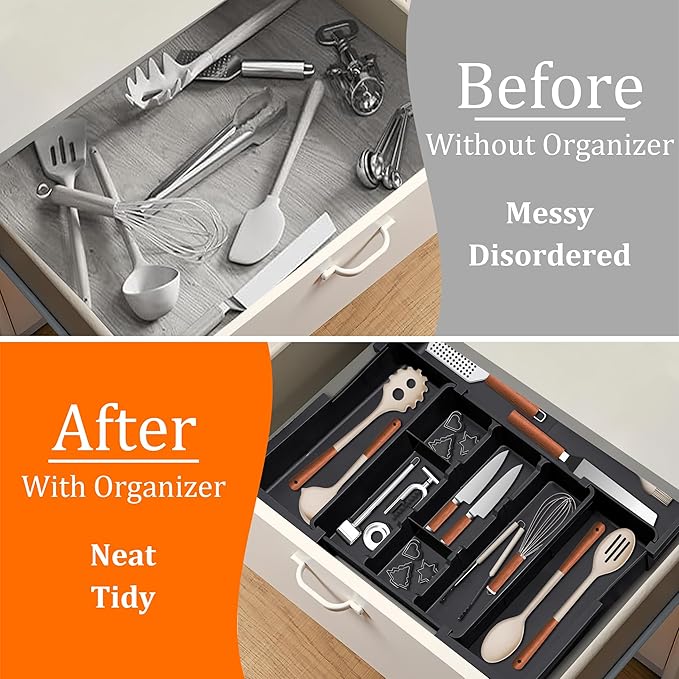 Spaclear Large Utensil Drawer Organizer Expandable Silverware Organizer for Kitchen Drawer Adjustable Cooking Utensil Holder Cutlery Flatware Tray Spatula Tools Gadgets Storage Dividers Plastic Black - Image 4
