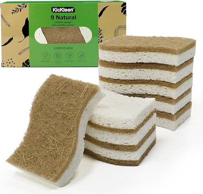 9 Pack Biodegradable Natural Kitchen Sponge - Compostable Cellulose and Coconut Walnut Scrubber Sponge - Eco Friendly Sustainable Sponges for Dishes by KICKLEEN