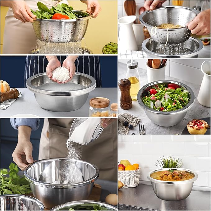 Colander 304 Stainless Steel 3-quart with Mixing Bowls, Strainer for Kitchen Food For washing vegetables, fruit, rice, Dishwasher Safe. (2PC) - Image 6