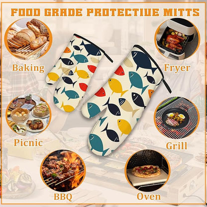 Cute Fish Oven Mitts and Pot Holders Set,Boho Kitchen Decor Heat Resistant Non Slip Hot Pads and Oven Mitt for Chef Cooking Baking BBQ Mom Girl Gifts(4 Piece Set)