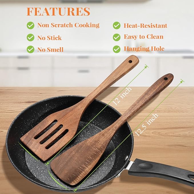 3Pcs Wooden Spatulas, Acacia Wood 12inch Long Handle Flat Frying Turner, Non-Stick Wooden Spoons for Cooking, Kitchen Utensils Set for Flipping, Scraping and Turning - Image 6