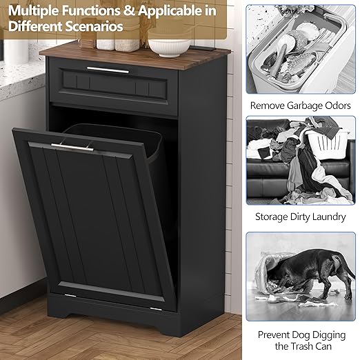 Single 10 Gallon Tilt Out Trash Can Cabinet with Deodorizing Function, Wooden Hidden Garbage Can Holder with Storage Drawers for Kitchen and Dining Room, Laundry Hamper Cabinet for Bathroom, Black