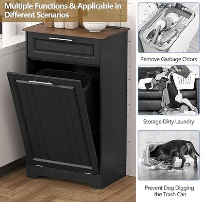 Single 10 Gallon Tilt Out Trash Can Cabinet with Deodorizing Function, Wooden Hidden Garbage Can Holder with Storage Drawers for Kitchen and Dining Room, Laundry Hamper Cabinet for Bathroom, Black