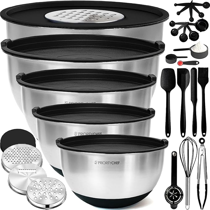 Priority Chef Stainless Steel Mixing Bowls with Lids Set, Metal Nesting Bowls with Airtight Lids, Graters, Non-Slip Base & Measurement Marks, Includes Utensil Set for Prep, Baking & Storage, Black by PriorityChef