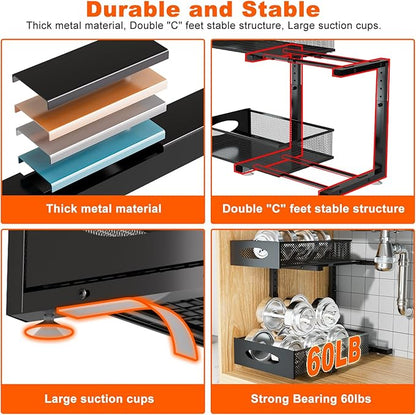 Under Sink Organizer, 2 Packs 2 Tier Under Sink Organizers and Storage, Slide Out Pull Out Cabinet Organizer Shelf, Metal Sliding Drawer for Kitchen Bathroom Pantry Cabinet Closet Organization Rack