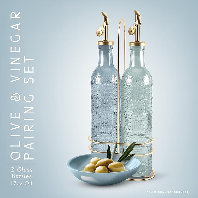 COOK WITH COLOR Glass Olive Oil Bottle Dispenser - 2 Pack- 17oz Oil and Vinegar Cruet - Olive Oil Carafe Decanter for Kitchen, Champagne Bubbles, Blue - Image 2