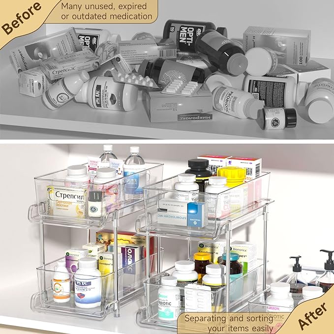 HIHEGD 2-Tier Bathroom Organizer with Dividers, Clear Under Sink and Pull-Out Cabinet Organizer for Kitchen and Pantry Storage - Image 3