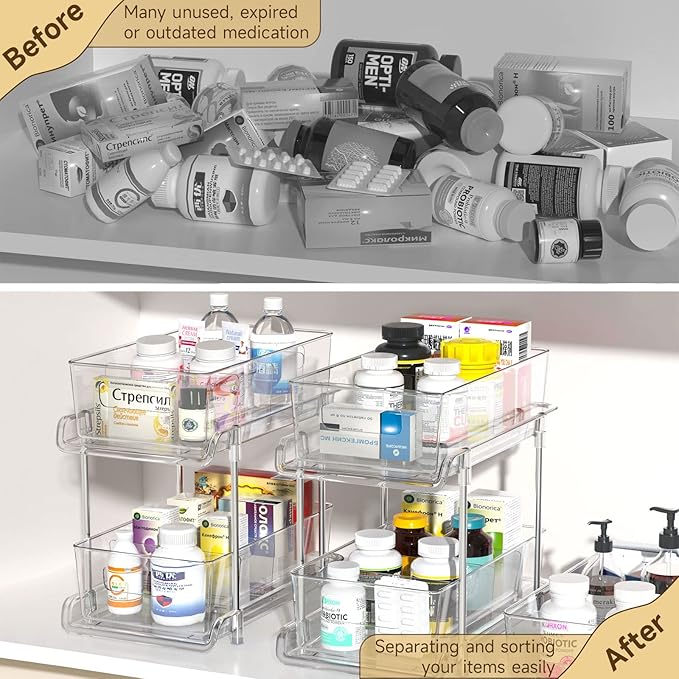 HIHEGD 2 Tier Bathroom Storage With Dividers, Clear Under Sink Pull Out Organizer for Kitchen Pantry, Medicine Cabinet - Image 4